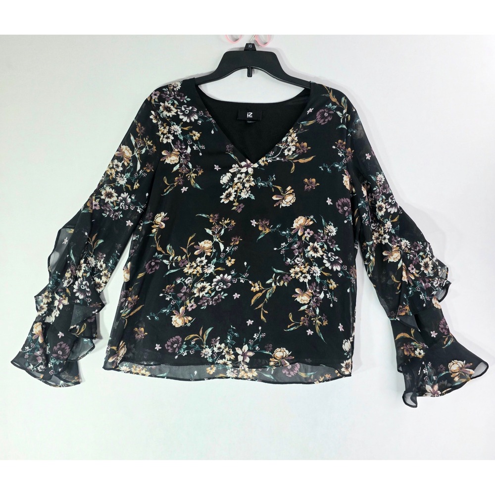 IZ Byer Womens Black Floral V-Neck Blouse Tiered Ruffle Long Sleeve Top Large